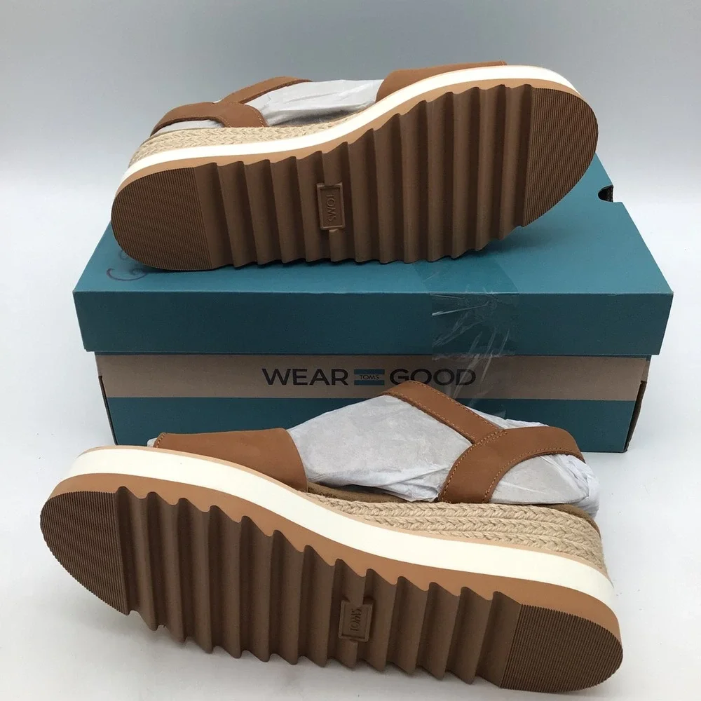 TOMS Diana Tan Leather Platform Wedge Sandals 10019757 Womens Size 9.5 NEW